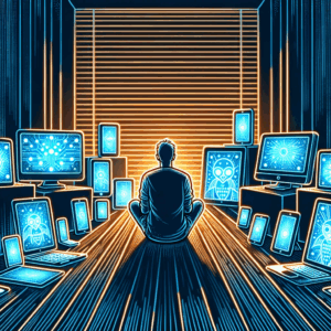 Line drawing of lonely person with technology