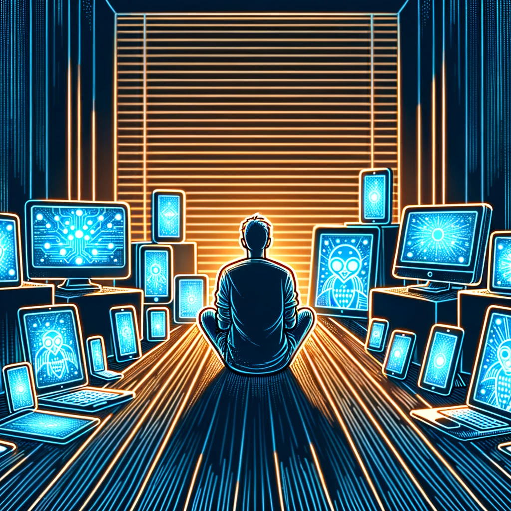 Line drawing of lonely person with technology